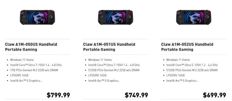 I prezzi delle nuove console di MSI Claw